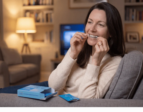 Woman applying MySweetSmile PAP whitening strips in the evening