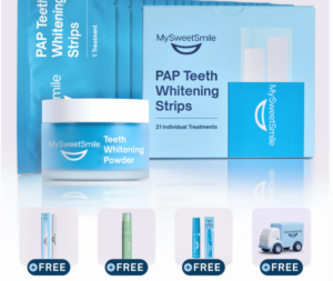 MySweetSmile Whiten & Brighten Bundle contents — powder, PAP strips and free gifts