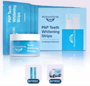 MySweetSmile Whiten & Brighten Bundle contents — powder, PAP strips and free breath spray